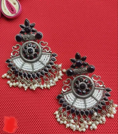 Oxidized Silver Bahubali Chandbali Earrings with Pearl Chain Sahare Heavy Kundan Ethnic Bridal Party Wear Earrings for Women and Girls thumbnail 3
