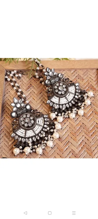 Oxidized Silver Bahubali Chandbali Earrings with Pearl Chain Sahare Heavy Kundan Ethnic Bridal Party Wear Earrings for Women and Girls thumbnail 4
