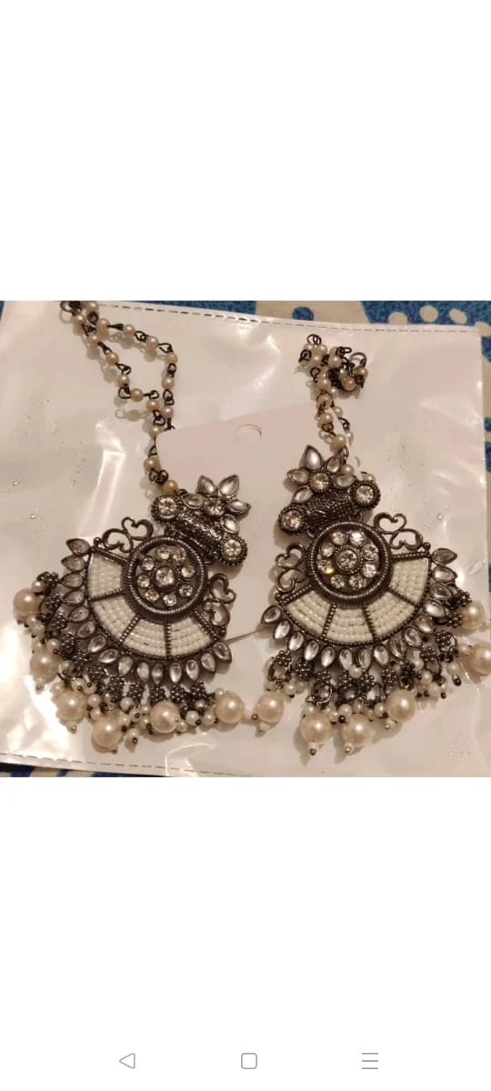 Oxidized Silver Bahubali Chandbali Earrings with Pearl Chain Sahare Heavy Kundan Ethnic Bridal Party Wear Earrings for Women and Girls image 6