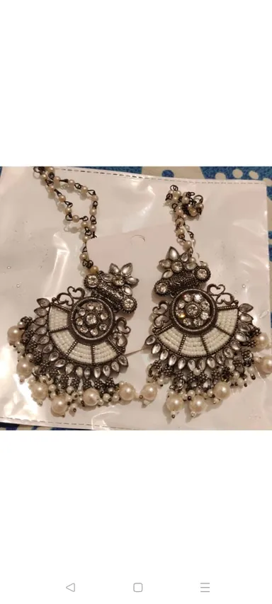 Oxidized Silver Bahubali Chandbali Earrings with Pearl Chain Sahare Heavy Kundan Ethnic Bridal Party Wear Earrings for Women and Girls thumbnail 5