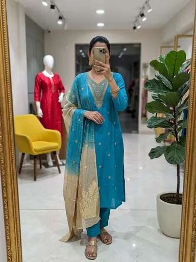 Chanderi Silk Kurta Set for Women with Zari Embroidery Ombre Dupatta Ethnic Festive Party Wear Designer Traditional Suit Set Blue kurti set L thumbnail 0