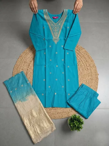 Chanderi Silk Kurta Set for Women with Zari Embroidery Ombre Dupatta Ethnic Festive Party Wear Designer Traditional Suit Set Blue kurti set XXL thumbnail 1