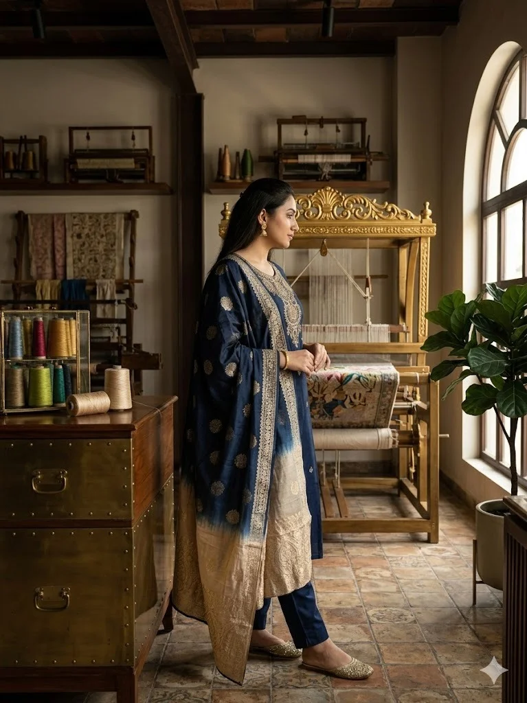 Chanderi Silk Kurta Set for Women with Zari Embroidery Ombre Dupatta Ethnic Festive Party Wear Designer Traditional Suit Set Nevey Blue kurti set XL image 2