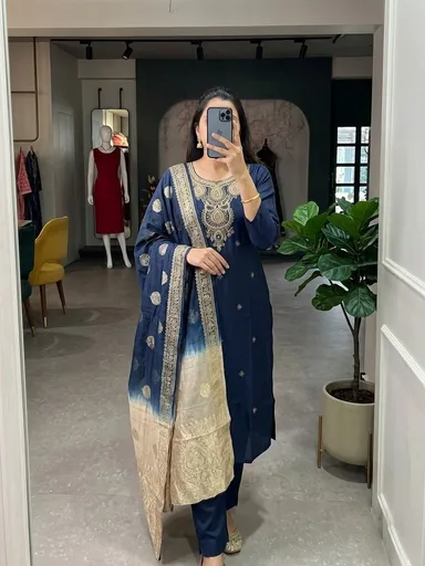 Chanderi Silk Kurta Set for Women with Zari Embroidery Ombre Dupatta Ethnic Festive Party Wear Designer Traditional Suit Set Nevey Blue kurti set XL thumbnail 0