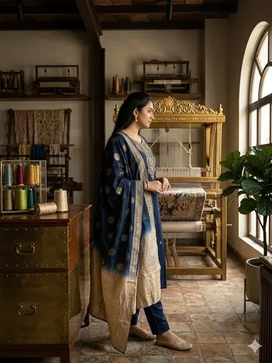 Chanderi Silk Kurta Set for Women with Zari Embroidery Ombre Dupatta Ethnic Festive Party Wear Designer Traditional Suit Set Nevey Blue kurti set XXL thumbnail 1