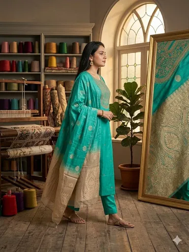 Chanderi Silk Kurta Set for Women with Zari Embroidery Ombre Dupatta Ethnic Festive Party Wear Designer Traditional Suit Set Peacock Blue kurti set M thumbnail 0