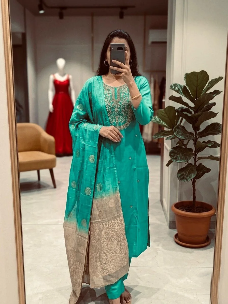 Chanderi Silk Kurta Set for Women with Zari Embroidery Ombre Dupatta Ethnic Festive Party Wear Designer Traditional Suit Set Peacock Blue kurti set XXL image 2