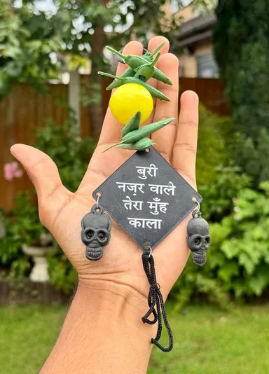 Brand Premium Nimbu Mirchi Nazar Battu Wall Hanging for Home Decor, Living Room Décor, Protector Hanging, Good Luck Charm, Metallic Decorative Showpiece for Cars, Homes & Offices (Pack of 1) thumbnail 0