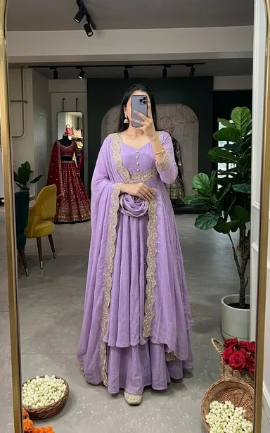 Women’s Georgette Anarkali Kurta Sharara Set with Embroidered Scallop Border Dupatta Ethnic Party Wear Wedding Festive Designer Salwar Suit for Women and Girls lavender Kurta set XXL thumbnail 0