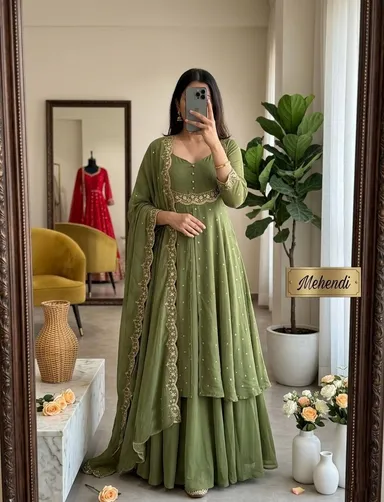 Women’s Georgette Anarkali Kurta Sharara Set with Embroidered Scallop Border Dupatta Ethnic Party Wear Wedding Festive Designer Salwar Suit for Women and Girls Mehendi Kurta set 3XL thumbnail 0