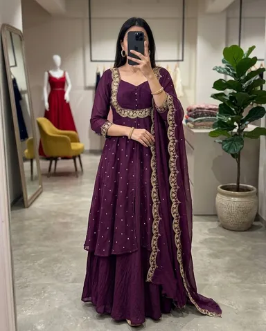 Women’s Georgette Anarkali Kurta Sharara Set with Embroidered Scallop Border Dupatta Ethnic Party Wear Wedding Festive Designer Salwar Suit for Women and Girls Purple Kurta set XL thumbnail 0