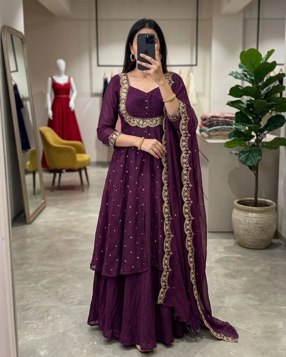 Women’s Georgette Anarkali Kurta Sharara Set with Embroidered Scallop Border Dupatta Ethnic Party Wear Wedding Festive Designer Salwar Suit for Women and Girls Purple Kurta set XXL image 1