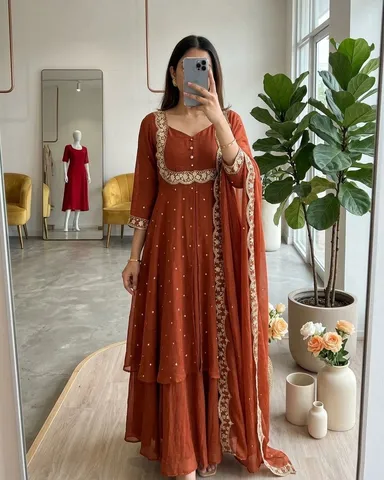 Women’s Georgette Anarkali Kurta Sharara Set with Embroidered Scallop Border Dupatta Ethnic Party Wear Wedding Festive Designer Salwar Suit for Women and Girls Brown Kurta set XL thumbnail 0