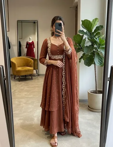 Women’s Georgette Anarkali Kurta Sharara Set with Embroidered Scallop Border Dupatta Ethnic Party Wear Wedding Festive Designer Salwar Suit for Women and Girls Dark Brown Kurta set XL thumbnail 0