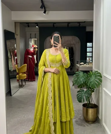 Women’s Georgette Anarkali Kurta Sharara Set with Embroidered Scallop Border Dupatta Ethnic Party Wear Wedding Festive Designer Salwar Suit for Women and Girls Lemon Kurta set XL thumbnail 0