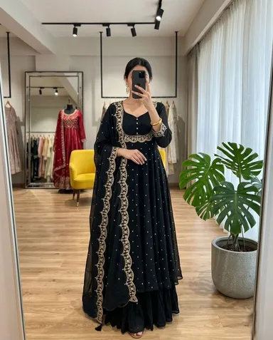 Women’s Georgette Anarkali Kurta Sharara Set with Embroidered Scallop Border Dupatta Ethnic Party Wear Wedding Festive Designer Salwar Suit for Women and Girls Nevey Blue Kurta set 3XL thumbnail 0