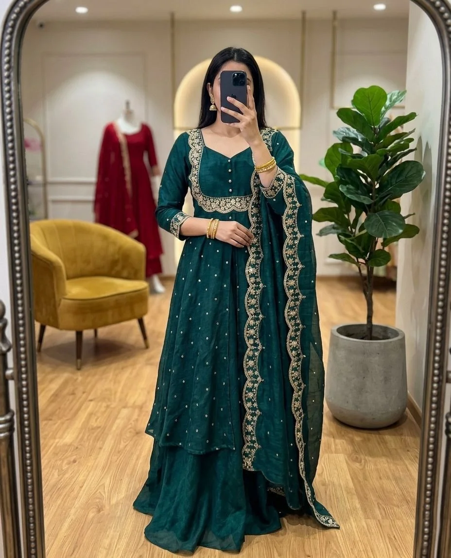 Women’s Georgette Anarkali Kurta Sharara Set with Embroidered Scallop Border Dupatta Ethnic Party Wear Wedding Festive Designer Salwar Suit for Women and Girls Bottle Green Kurta set XL image 1