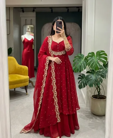 Women’s Georgette Anarkali Kurta Sharara Set with Embroidered Scallop Border Dupatta Ethnic Party Wear Wedding Festive Designer Salwar Suit for Women and Girls Red Kurta set XL thumbnail 0