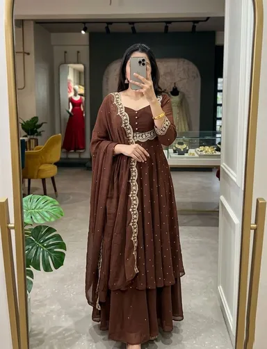 Women’s Georgette Anarkali Kurta Sharara Set with Embroidered Scallop Border Dupatta Ethnic Party Wear Wedding Festive Designer Salwar Suit for Women and Girls Choklate Kurta set XL thumbnail 0