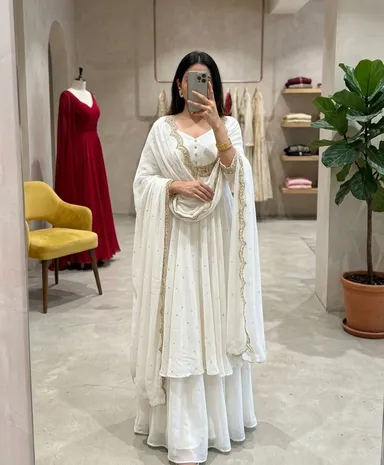 Women’s Georgette Anarkali Kurta Sharara Set with Embroidered Scallop Border Dupatta Ethnic Party Wear Wedding Festive Designer Salwar Suit for Women and Girls White Kurta set XL thumbnail 0