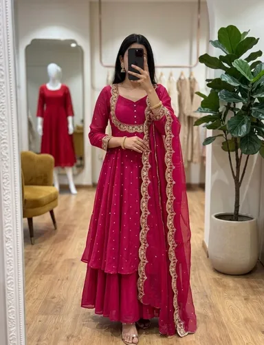 Women’s Georgette Anarkali Kurta Sharara Set with Embroidered Scallop Border Dupatta Ethnic Party Wear Wedding Festive Designer Salwar Suit for Women and Girls Pink Kurta set S thumbnail 0