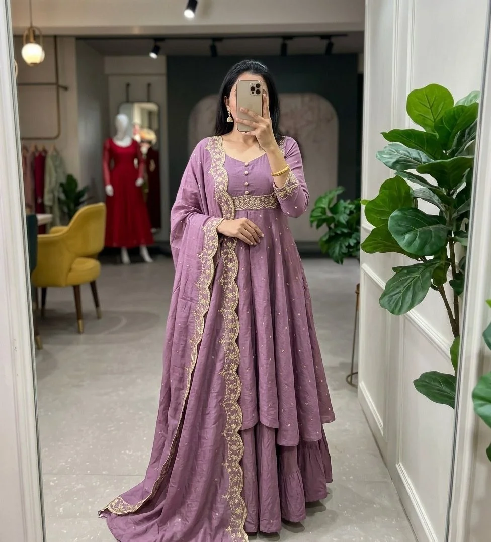 Women’s Georgette Anarkali Kurta Sharara Set with Embroidered Scallop Border Dupatta Ethnic Party Wear Wedding Festive Designer Salwar Suit for Women and Girls Light lavender Kurta set XL image 1