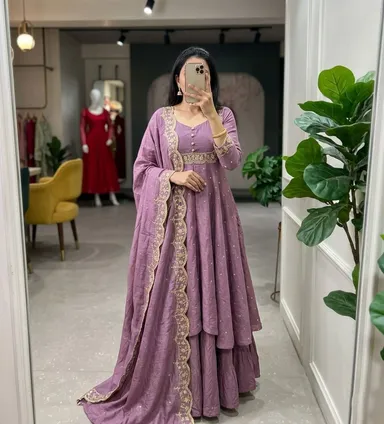 Women’s Georgette Anarkali Kurta Sharara Set with Embroidered Scallop Border Dupatta Ethnic Party Wear Wedding Festive Designer Salwar Suit for Women and Girls Light lavender Kurta set XXL thumbnail 0