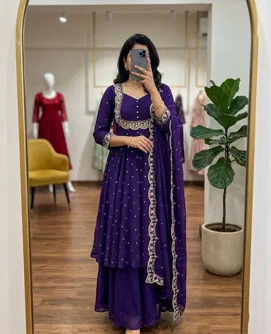 Women’s Georgette Anarkali Kurta Sharara Set with Embroidered Scallop Border Dupatta Ethnic Party Wear Wedding Festive Designer Salwar Suit for Women and Girls Dark Purple Kurta set 3XL thumbnail 0