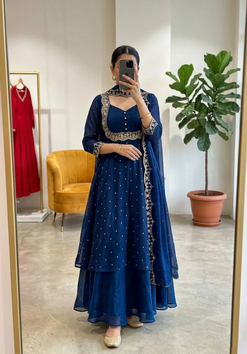 Women’s Georgette Anarkali Kurta Sharara Set with Embroidered Scallop Border Dupatta Ethnic Party Wear Wedding Festive Designer Salwar Suit for Women and Girls Royal Blue Kurta set XL image 1