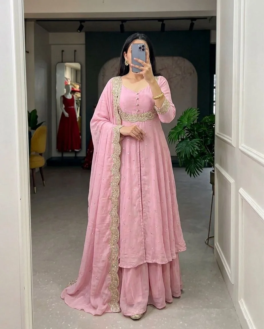Women’s Georgette Anarkali Kurta Sharara Set with Embroidered Scallop Border Dupatta Ethnic Party Wear Wedding Festive Designer Salwar Suit for Women and Girls Baby Pink Kurta set S image 1