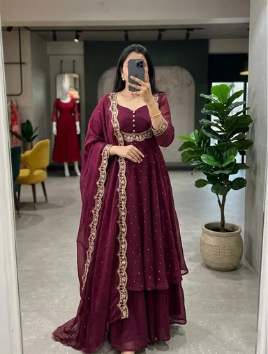 Women’s Georgette Anarkali Kurta Sharara Set with Embroidered Scallop Border Dupatta Ethnic Party Wear Wedding Festive Designer Salwar Suit for Women and Girls Dark Wine Kurta set XL thumbnail 0