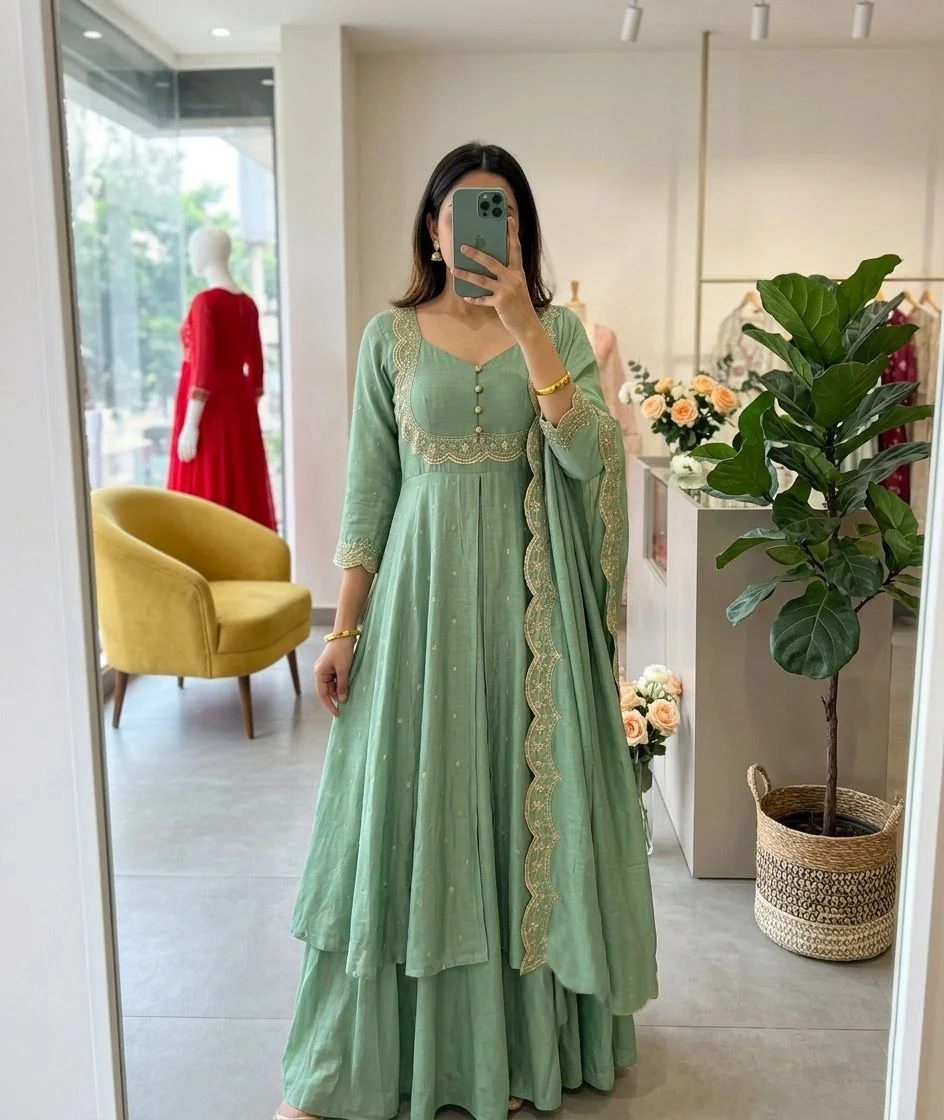Women’s Georgette Anarkali Kurta Sharara Set with Embroidered Scallop Border Dupatta Ethnic Party Wear Wedding Festive Designer Salwar Suit for Women and Girls Pista Kurta set XL image 1