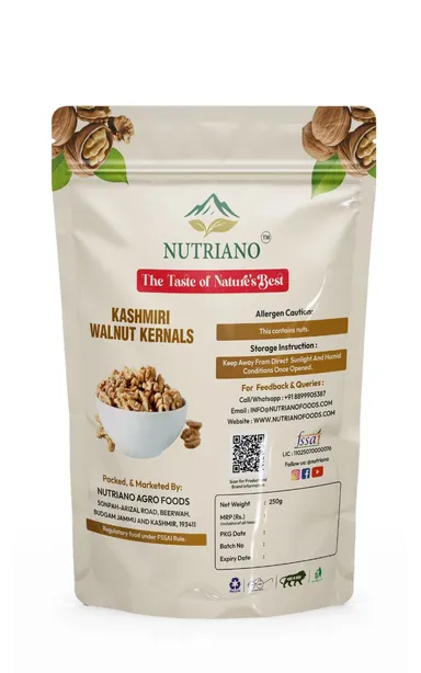 Nutriano Premium Kashmiri Walnut Kernels (Akhrot Giri) Extra Light & Crunchy 100% Natural Dry Fruits Rich in Omega-3 & Protein Healthy Brain Food 250g Pack thumbnail 1