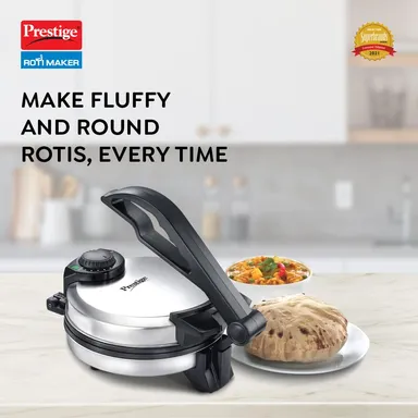 Prestige PRM 3.0 900W Stainless Steel Roti Maker Electric 10 Inch Non‑Stick Plates Adjustable Temp Knobs Silver Home Kitchen Appliance thumbnail 1