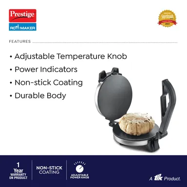 Prestige PRM 3.0 900W Stainless Steel Roti Maker Electric 10 Inch Non‑Stick Plates Adjustable Temp Knobs Silver Home Kitchen Appliance thumbnail 2