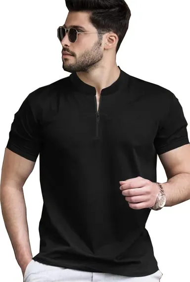 ANVST Men Solid Polyester Polo Neck T-Shirt for Casual Wear, Office, Sports, Daily Comfort Fit Breathable Half Sleeve Black Beige Premium Stylish Polo Tee Black S thumbnail 2
