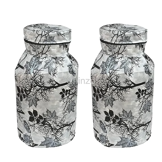 Shinzo Cotton Washable LPG Gas Cylinder Cover for Kitchen Gas Bottle with Dustproof Protection Brown Grey Leaf Design Pack of 2 Reusable Decorative Cylinder Cover Grey Leaf Pack of 2 image 1
