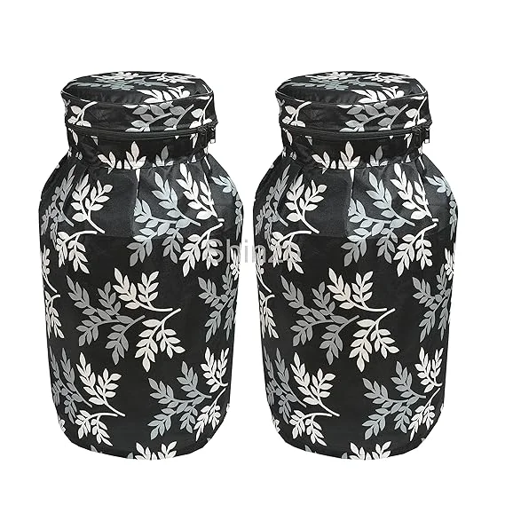 Shinzo Cotton Washable LPG Gas Cylinder Cover for Kitchen Gas Bottle with Dustproof Protection Brown Grey Leaf Design Pack of 2 Reusable Decorative Cylinder Cover Black Leaf Pack of 1 image 1