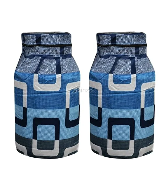 Shinzo Cotton Washable LPG Gas Cylinder Cover for Kitchen Gas Bottle with Dustproof Protection Brown Grey Leaf Design Pack of 2 Reusable Decorative Cylinder Cover Blue Block Pack of 2 image 1