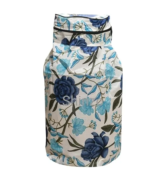 Shinzo Cotton Washable LPG Gas Cylinder Cover for Kitchen Gas Bottle with Dustproof Protection Brown Grey Leaf Design Pack of 2 Reusable Decorative Cylinder Cover Blue Flower Pack of 1 image 2
