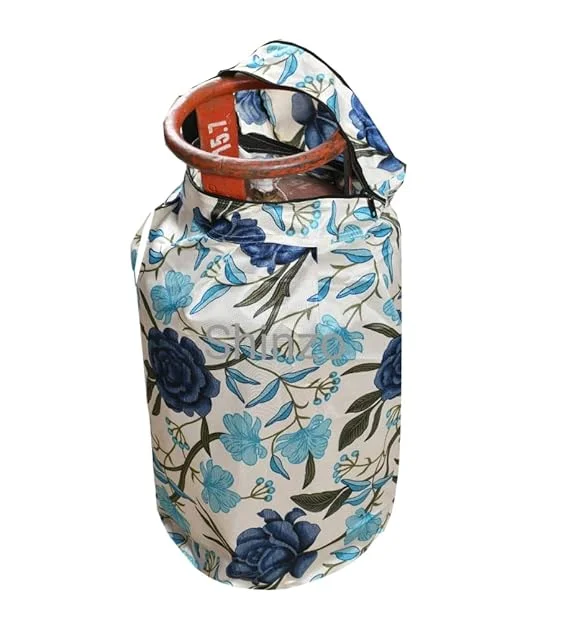 Shinzo Cotton Washable LPG Gas Cylinder Cover for Kitchen Gas Bottle with Dustproof Protection Brown Grey Leaf Design Pack of 2 Reusable Decorative Cylinder Cover Blue Flower Pack of 1 image 3