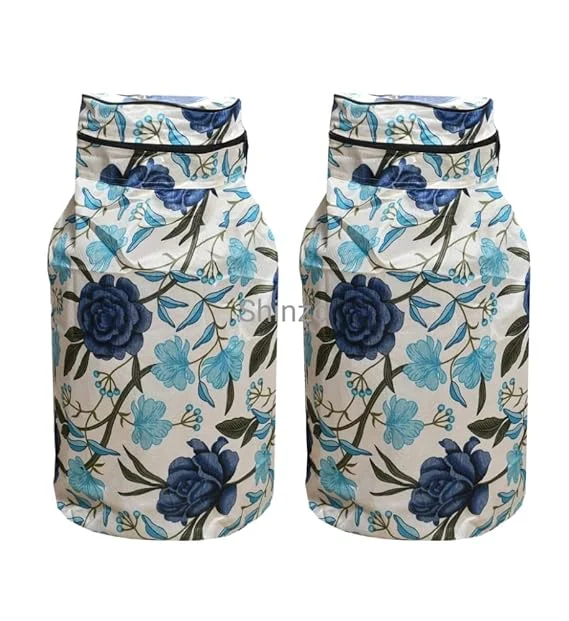 Shinzo Cotton Washable LPG Gas Cylinder Cover for Kitchen Gas Bottle with Dustproof Protection Brown Grey Leaf Design Pack of 2 Reusable Decorative Cylinder Cover Blue Flower Pack of 1 image 1