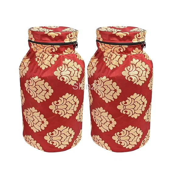Shinzo Cotton Washable LPG Gas Cylinder Cover for Kitchen Gas Bottle with Dustproof Protection Brown Grey Leaf Design Pack of 2 Reusable Decorative Cylinder Cover Red Embroider Pack of 2 image 1