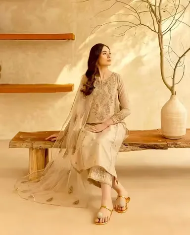 Elegant Beige Embroidered Kurta Pant Set with Soft Net Dupatta for Women Ethnic Party Wear Straight Kurti Palazzo Suit Set Traditional Festive Designer Salwar Dress Collection Beige M thumbnail 1