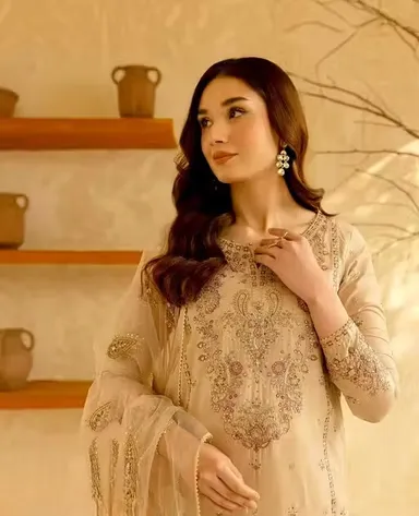 Elegant Beige Embroidered Kurta Pant Set with Soft Net Dupatta for Women Ethnic Party Wear Straight Kurti Palazzo Suit Set Traditional Festive Designer Salwar Dress Collection Beige M thumbnail 2