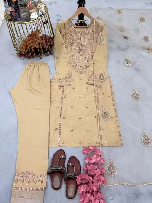 Elegant Beige Embroidered Kurta Pant Set with Soft Net Dupatta for Women Ethnic Party Wear Straight Kurti Palazzo Suit Set Traditional Festive Designer Salwar Dress Collection Beige M image 4