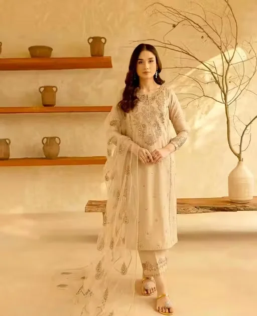 Elegant Beige Embroidered Kurta Pant Set with Soft Net Dupatta for Women Ethnic Party Wear Straight Kurti Palazzo Suit Set Traditional Festive Designer Salwar Dress Collection Beige M image 1