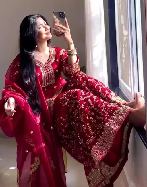 Women’s Red Embroidered Kurta Palazzo Set with Dupatta for Festive Wear Designer Ethnic Suit Set Traditional Party Wear Wedding Kurti Palazzo Dress for Women Red L image 1