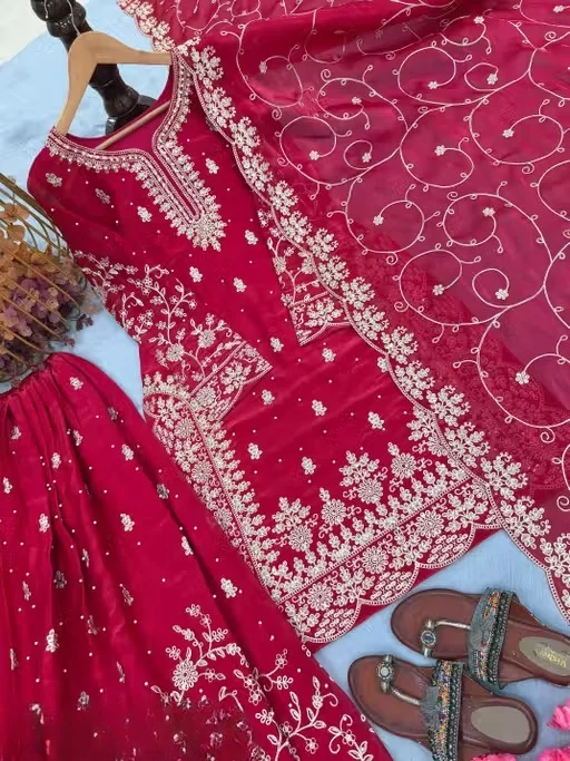 Women’s Red Embroidered Kurta Palazzo Set with Dupatta for Festive Wear Designer Ethnic Suit Set Traditional Party Wear Wedding Kurti Palazzo Dress for Women Red XL image 2