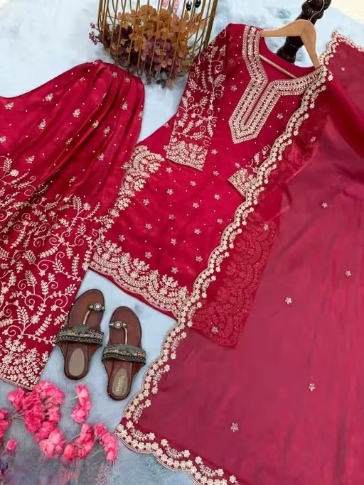 Women’s Red Embroidered Kurta Palazzo Set with Dupatta for Festive Wear Designer Ethnic Suit Set Traditional Party Wear Wedding Kurti Palazzo Dress for Women Red XL image 3